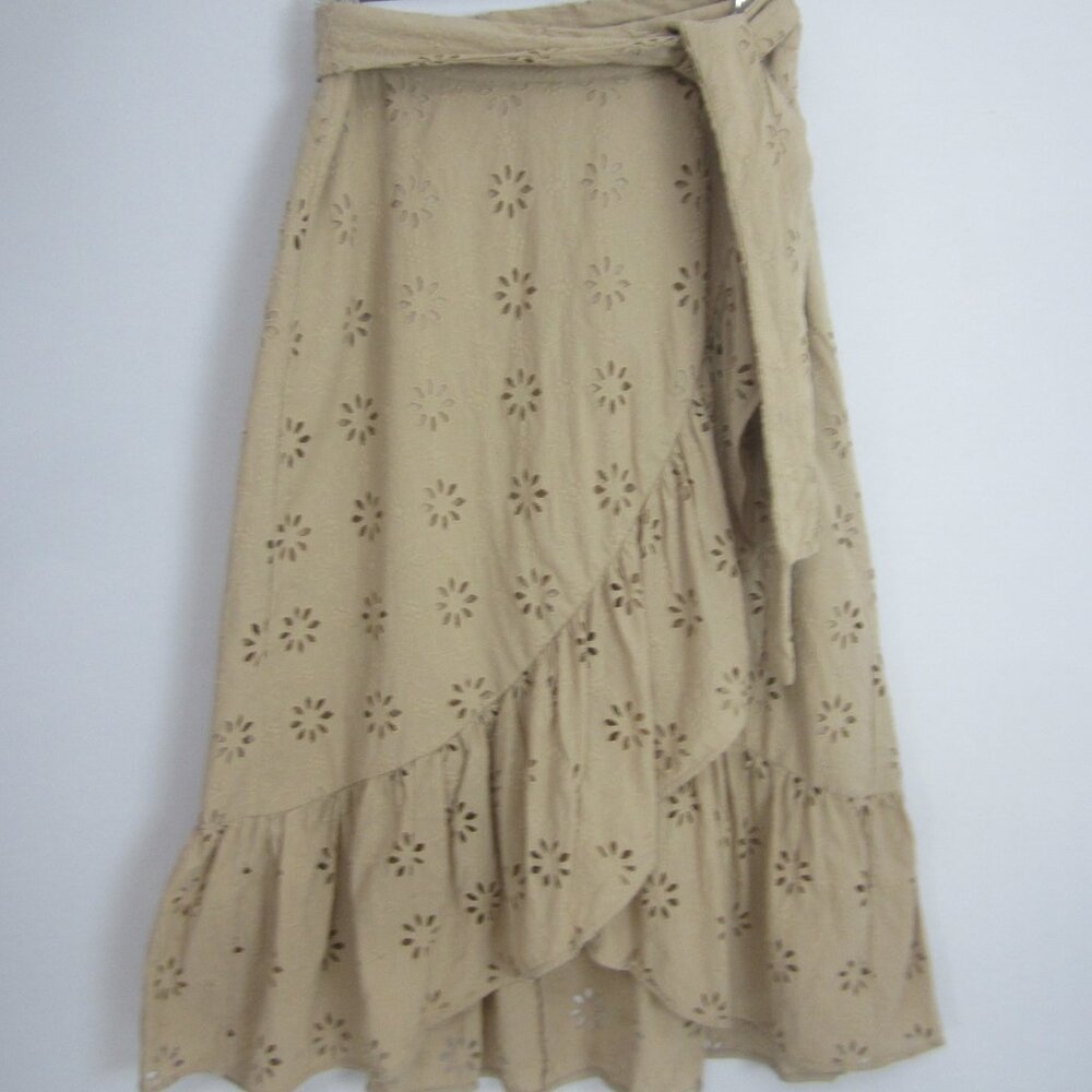 Ann Taylor Womens 8 Beige Cotton Eyelet Embroidered Faux Wrap Midi Skirt Cottage